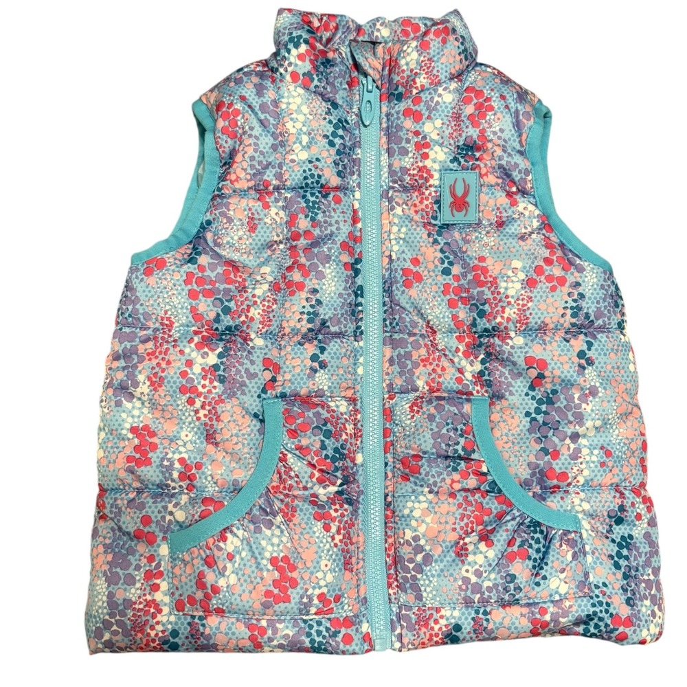 Spyder Kids Girls Puffer Vest 2T Blue Pink Floral Print Full Zip Pockets Cute